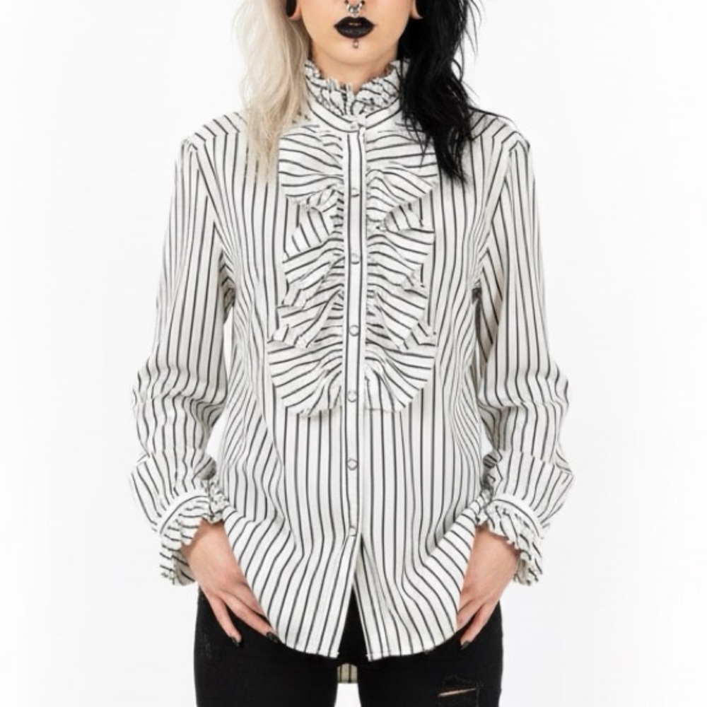 Vintage Striped Ruffle Blouse Striped Shirt 1970s Pinup Retro Lady Shapely 42